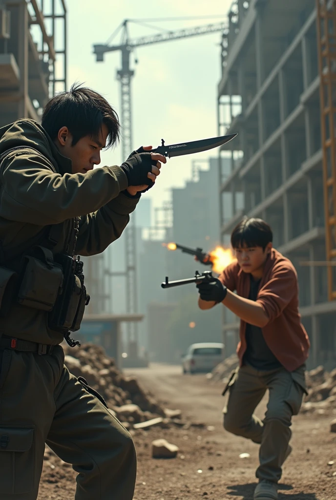 Knife of an armed Japanese man exchanging fire with a ager at a construction site, They are in a Sniper conflict