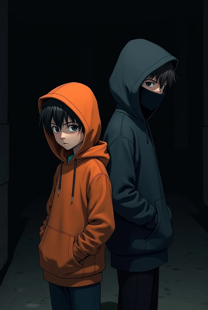 A anime 2 boy with hoodie of orange colour and black mask . With black backgroud