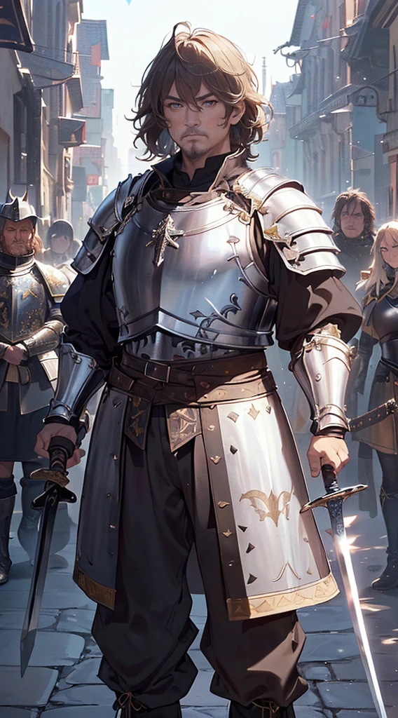 Solo,Absurd resolution、hight resolution、(masterpiece:1.4)、ultra-detailliert、(Detailed finger),((One middle-aged man)),((Knights))、((Nightman)),Fantasy costume,Original Character,((Wearing armor))、((Heavy armor、breastplates)),(With a Western sword:1.5),((Costumes of medieval Europe)),, (Facing:1.2),(Full body portrait),(Standing:1.3),((white backgrounid:1.4))
