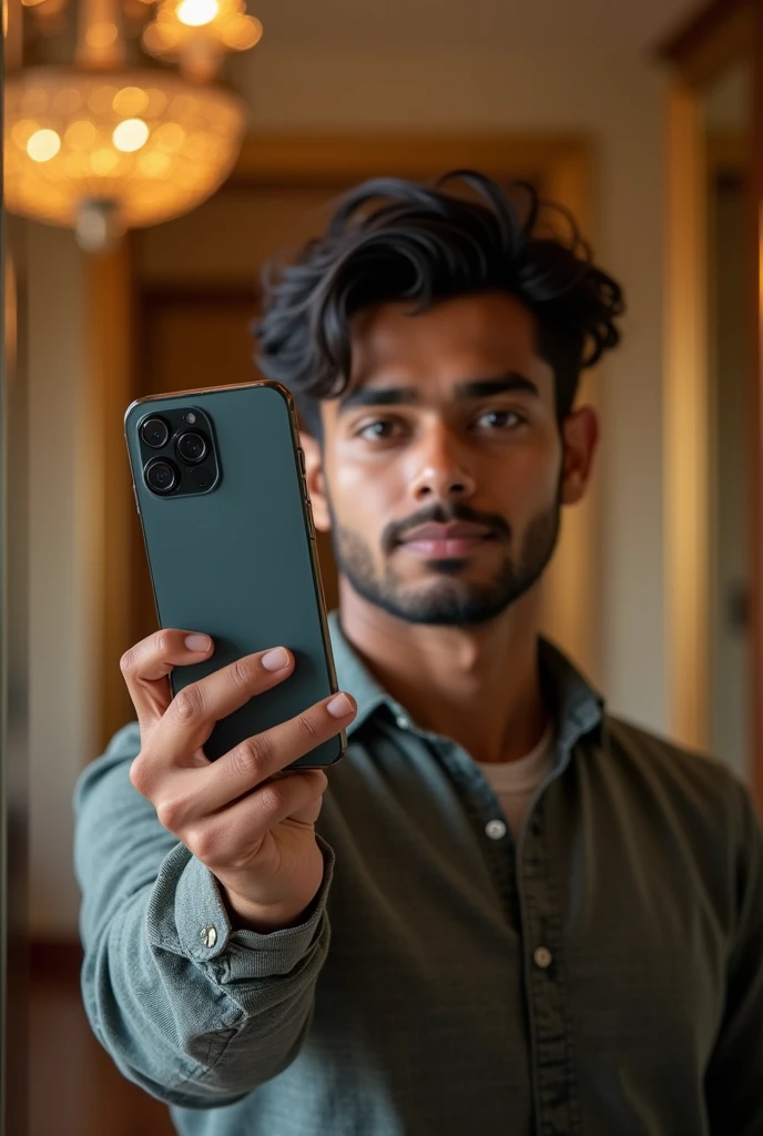 An Indian boy 20 years old boy, mirror selfie pic with face cover with its costly phone which is keeping in his hand. With interior luxurious home background