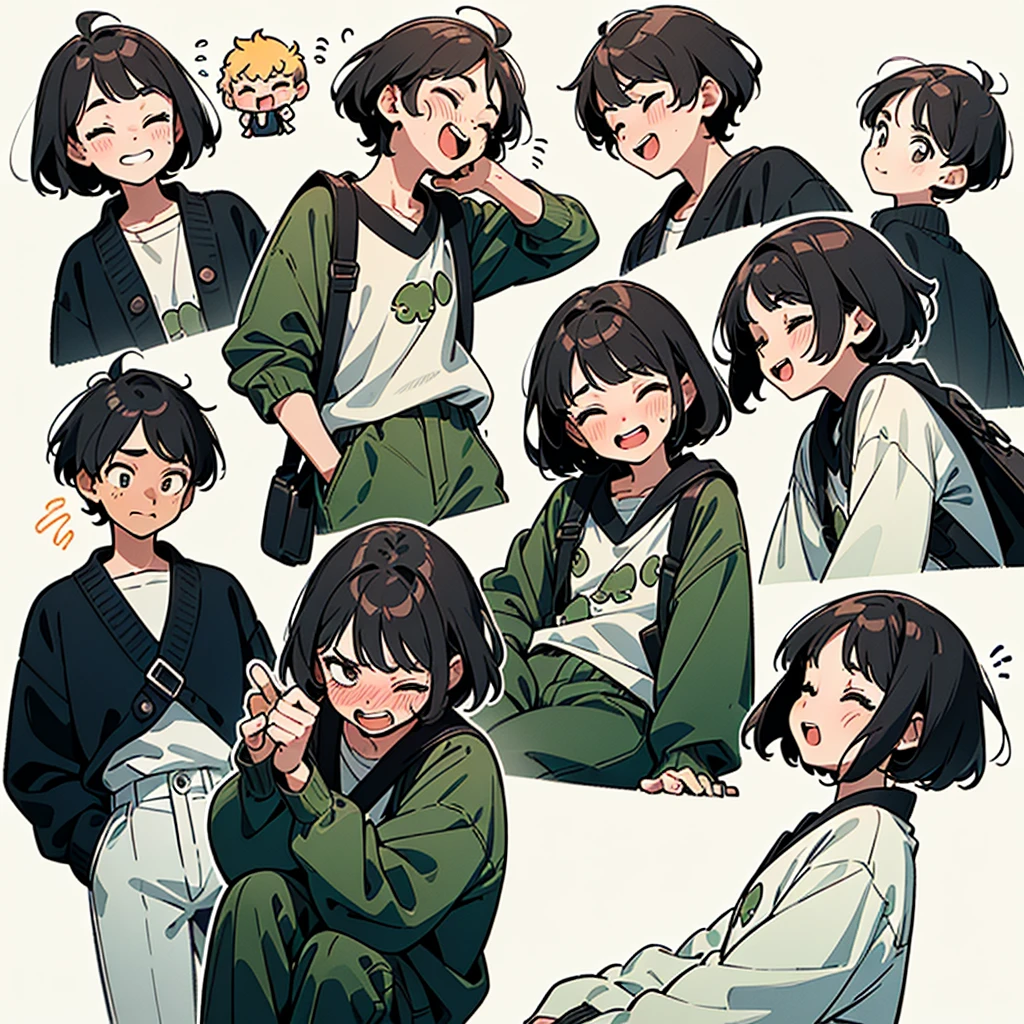 (20-year-old male and female)、(((Smiling face、very loud laugh、LOL、Happy face、Embarrassed face、Open your mouth))) (whiteTshirt、Green pants), ((Black Hair、Short Hair)) (((Detailed character sheet、From the side, 3/4 Views))) (((White Background)))、Chibi Character、(Close your eyes、Close your eyes)、(((Study in the classroom)))、Desk and chair