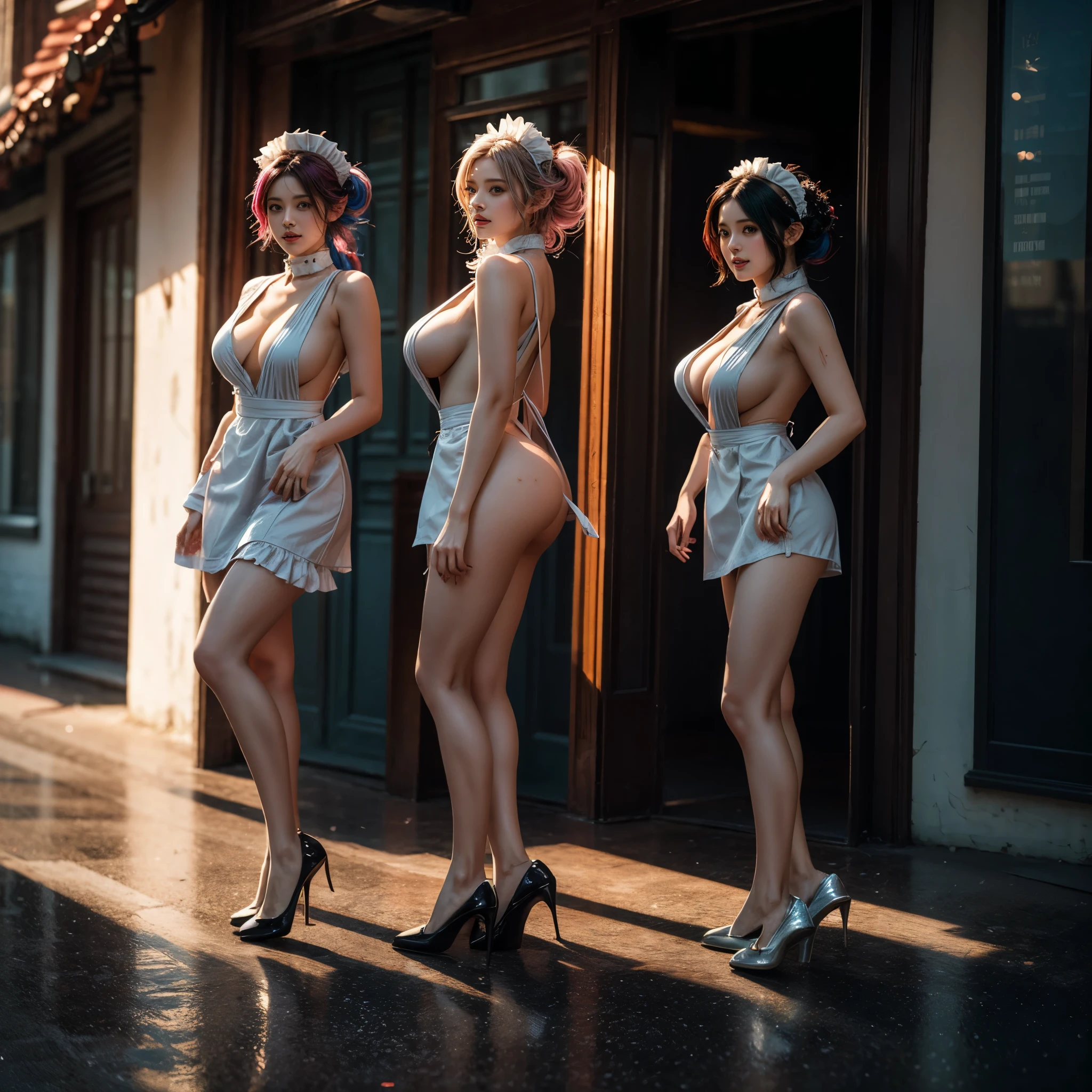 (Full Body of Extremely Detailed((Sexy Maid Group in a row:1.37))), KAWAII perfect face, Reflective Eyes, Detailed(Delicate Clothing textures), Correct Bewitching Leg Line, Dynamic Joyful Expressions LifeLike Rendering, Specular Reflection, TopQuality 8K Ultra-detailed masterpiece (ProfessionalPhoto:1.37), (Acutance:0.8), (Luminism:1.28), Renaissance art style, Colorful Light particles, ((Full body from side)), {MicroMini Skirt|Kissing Face to Face|Thigh Gap|Roundly Cute AssFocus|(NakedApron with (Overflowing Sideboob))}, Radiant Fine Skin with Transparency, {Pink Hair|LightBlue Hair|Platinum Blonde|Pure White Hair|Liquid Hair}, Perfect Lighting