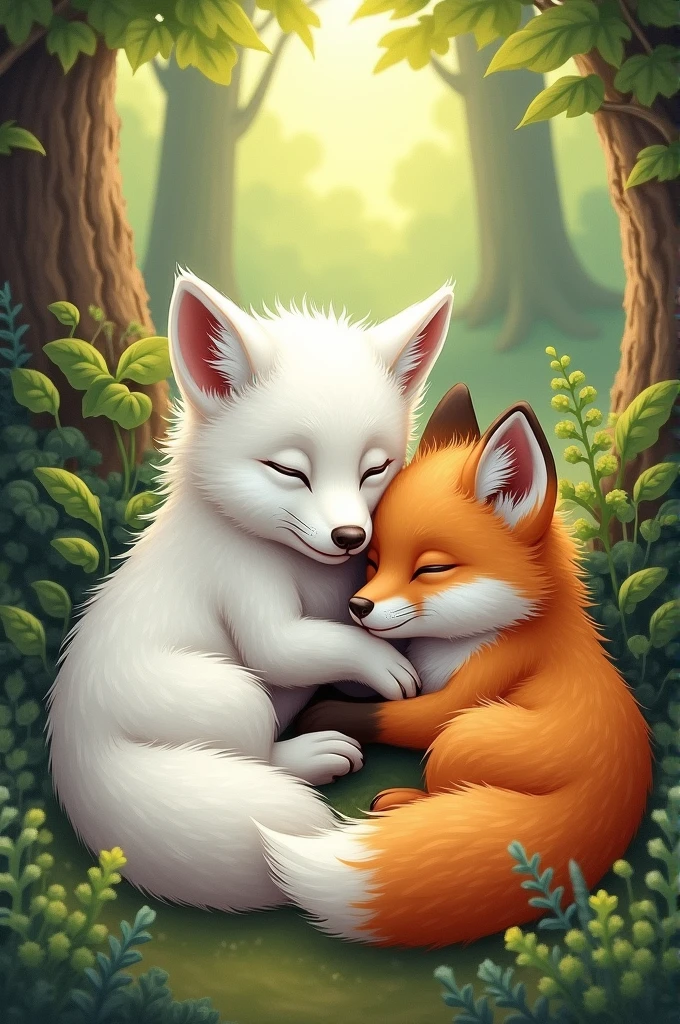 Dessin en couleur d'un bébé loup blanc et bébé renard roux blotis l'un contre l'autre dans une forêt 