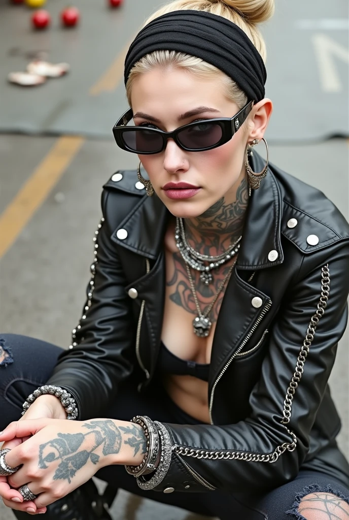 Anglosaxon old woman, , blonde platinum hair (beehive bun, black parsley headband), with very light green eyes, extremely pale. .Wearing oversized square black maxisunglasses Wearing studded cropped black moto jacket (verical zippers on the sides,skull badges on sleeves). Black lace push up bra, skinny dark blue jeans with worn and dirty knees.m Silver Chelsea boots with cuban heels. Lots of thick wide studded bracelets, chain collars and big rings. Tacky wide studded leather belt, with big skull and bones round buckle. Long earrings with chains. Squatting on a large torm, dirty usa flag, looking at the photographer. Craving heavily. Hands on knees. Waste and trash all over the floor. Her studded leather bag, thron away. Looking at the camera, chin up. Toned abdominals, thin neck, slim legs and thin arms. Neck, chest, belly, hands and arms completely tattoed. Dirt road of Nairobi after the rain, puddles on the ground, crowded with muscular shirtless men in jeans, street full of puddles, discarded food, fruits and garb Her studded black leather bag is a few metres behind her, her belongings scattere the ground