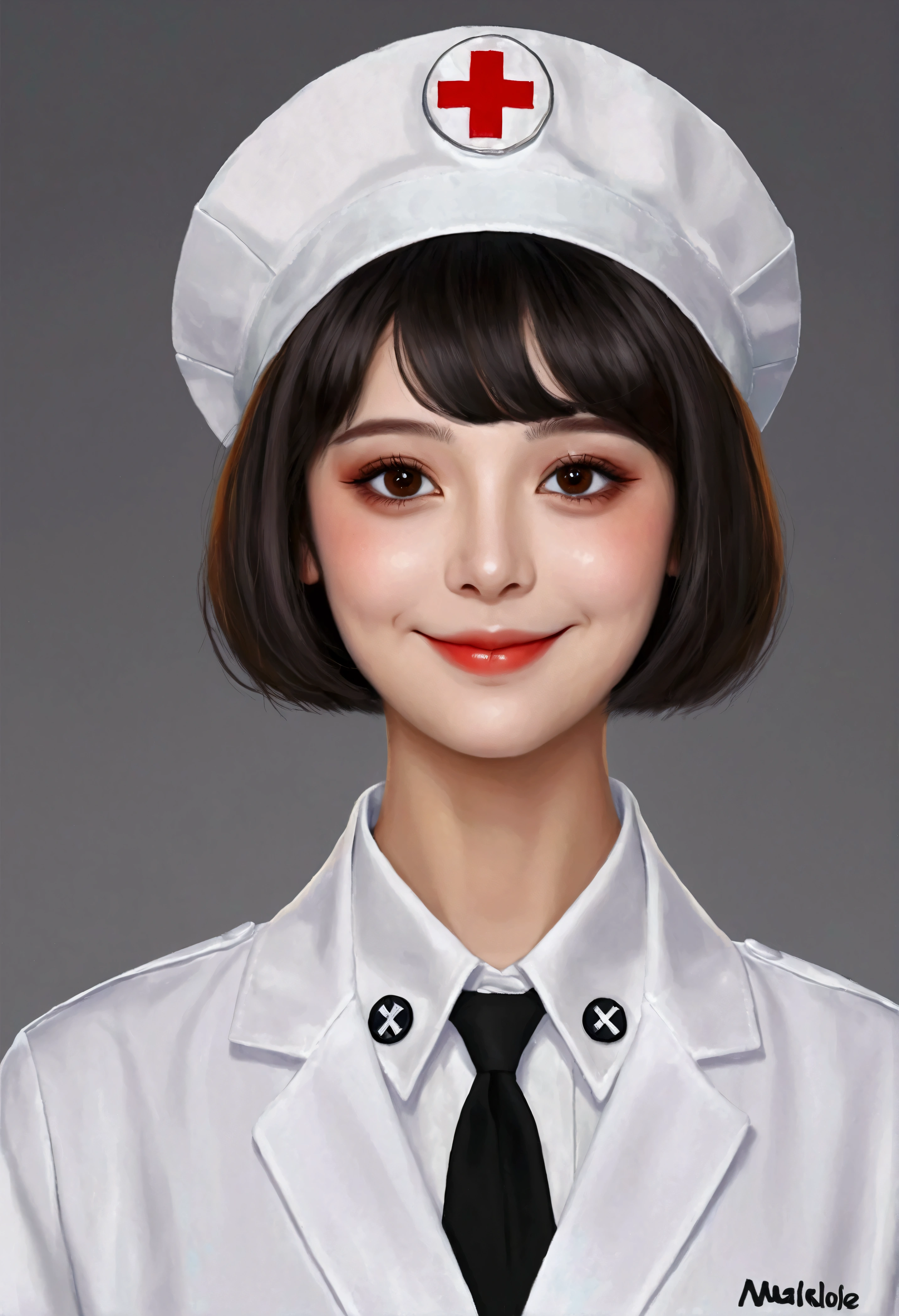 Digital Art Girl Portrait,Smile,solitary,symmetry,short hair,Colorful big eyes,Fashionable and exquisite facial features,Exquisite makeup,Nurse uniform,name card,Clean and simple background