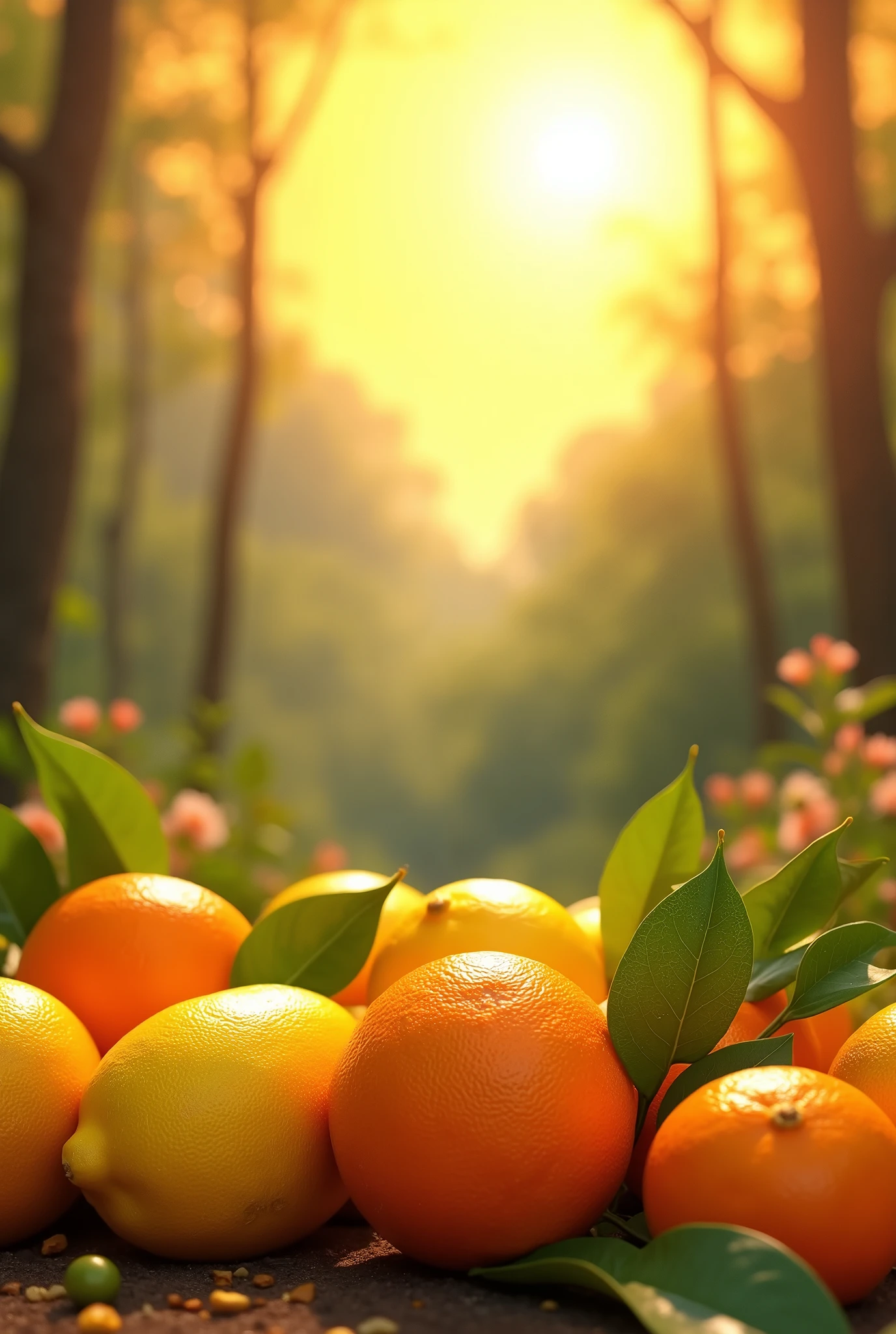 generate an orange background with yellow and containing lemons and oranges with a view of a green forest landscape