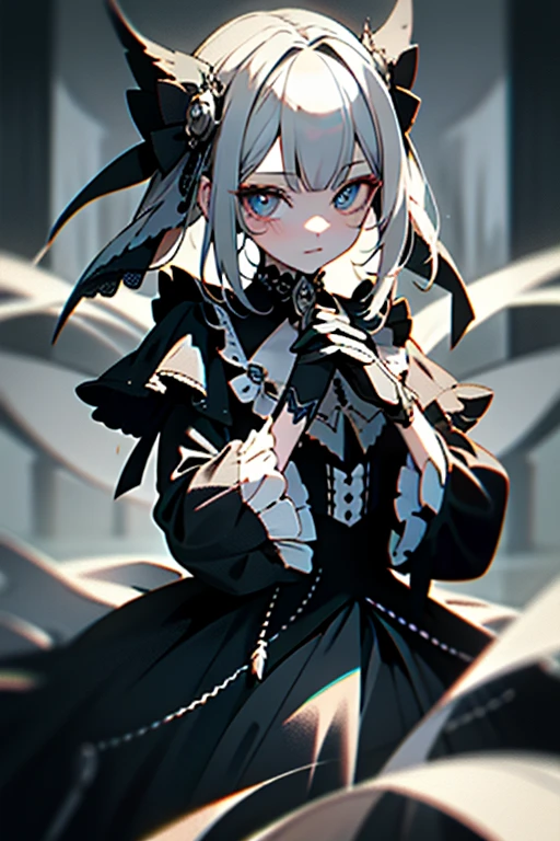 best,Super masterpiece, hight resolution, top-quality, nffsw, super detailing, awardwinning, 16 K,(The upper part of the body),A beautiful maiden, Grey Hair,Strands of hair,((Iris heterochromic pupil)),Hanging eye corners,Fair skin,(Small chest),(Slim body),((Gothic style clothing)),(neck rings),(Gloves as short as half a palm)