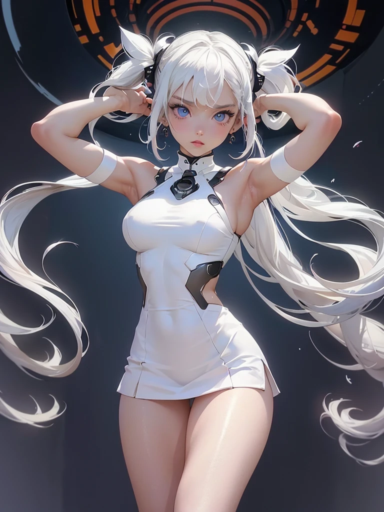 (masterpiece, top quality, best quality, official art, beautiful and aesthetic:1.2), full body view, Beautiful young girl looking at camera, ((fisheye photo)), perfect detailed face, cyberpunk blurry background, futuristic cyber soldier sexy outfit, underwear detailed muscles realistic masterpiece gigantic breasts, hardnipples protruding, Ecchi, young sexy cyborg ta girl,shot from above, perfect legs, perfect arms perfect eyes, ((long white hair with 2 ponytails)), huge eyes,