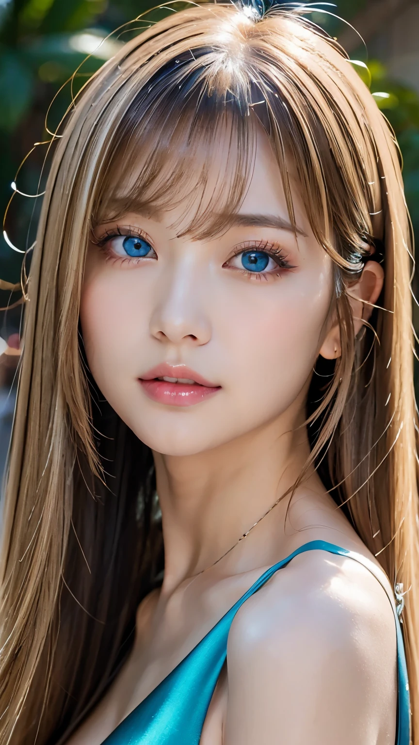 Unparalleled beauty, Glossy, firm and shiny skin, Bangs between the eyes, Beautiful shiny, straight platinum blonde, Super long straight silky hair, eyeliner, sexyで美しい無邪気な, Amazingly large and high quality、beautifully、Bright Blue Eyes, beautifullyて素敵な, ((Huge ))、((erotic、sexy、Ultra-high resolution、The lighting is bright、Precise needles without discomfort))、