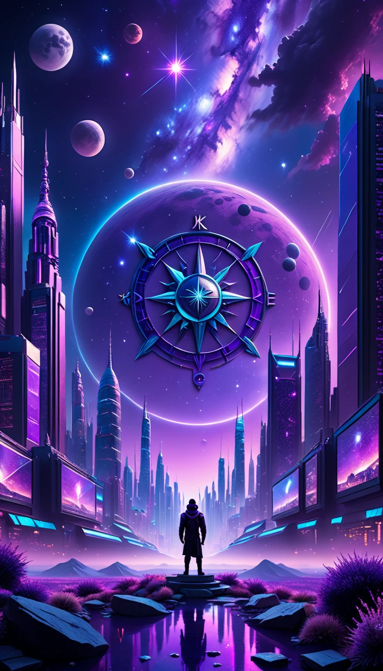 a beautiful detailed starry night sky, the twelve zodiac signs, vibrant purple nebulae, vast cosmic landscape, cyberpunk cityscape in the foreground, volumetric lighting, dramatic chiaroscuro, cinematic composition, highly detailed, hyperrealistic, 8k, photorealistic, professional digital art