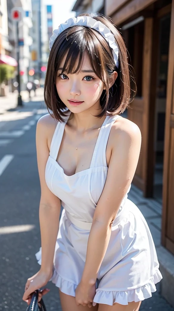 (masterpiece, Best Quality:1.2), 8K, 1 girl, 1 Japanese girl, 85 mm, Official art, Raw photo, Pretty Face, close up, face focus, cute Girl, Cinch waist, beauty thighs, soaking wet, sweat, medium breasts, frilled white ????? on naked, frilled maid hairband, large round glasses, standing, leaning forwards, on a street, Looking at Viewer, No makeup, (aroused, embarrassed, blush :1.2), Film grain, chromatic abberation, Sharp Focus, face lights, clear lighting, Teen, Detailed face, Bokeh background