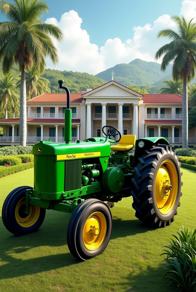 a John Deere tractor and a very beautiful plantation, This tractor will have the John Deere logo and the words Ferro Sul written on it