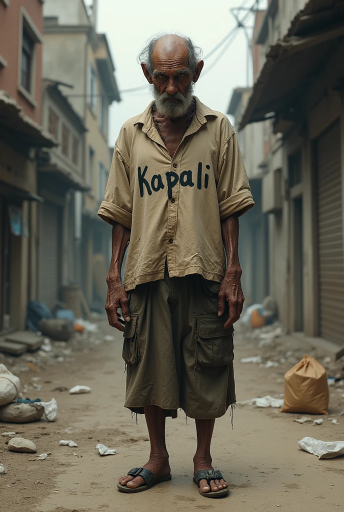 create an image of a black beggar with a shirt written on it kapali
