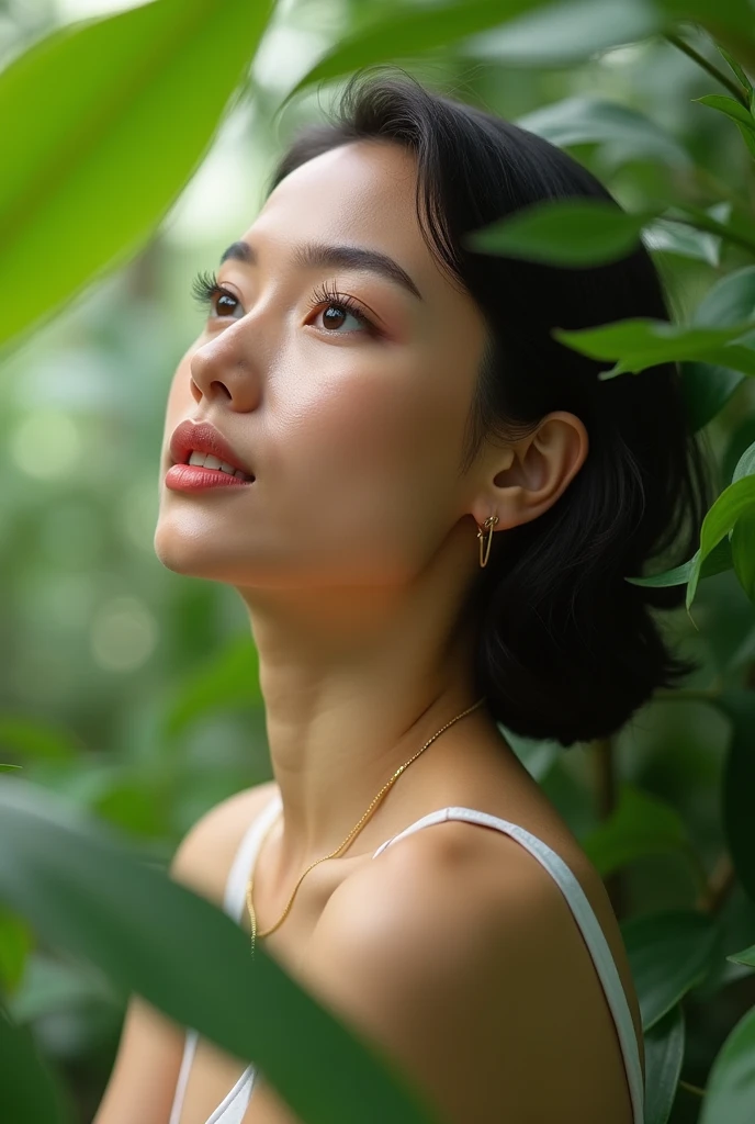 Put this word on a picture: 
Take care of your skin and your skin will take care of you.

Use this Image description: A serene woman with glowing skin, surrounded by lush greenery, with the quote