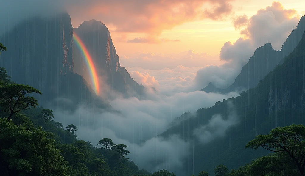 Landscape picture of black and green mountains in corner , clouds , rain rainbow india trees and indian type sunrise