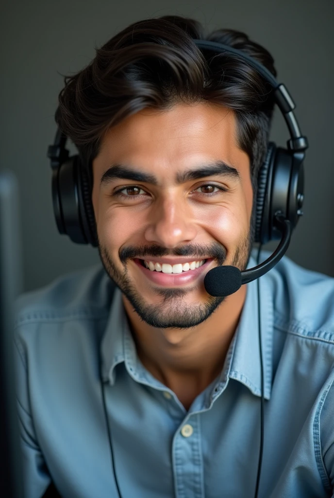 Face of a young Latino man with headphones and microphone headband, with an adjustment wheel for technology technical support