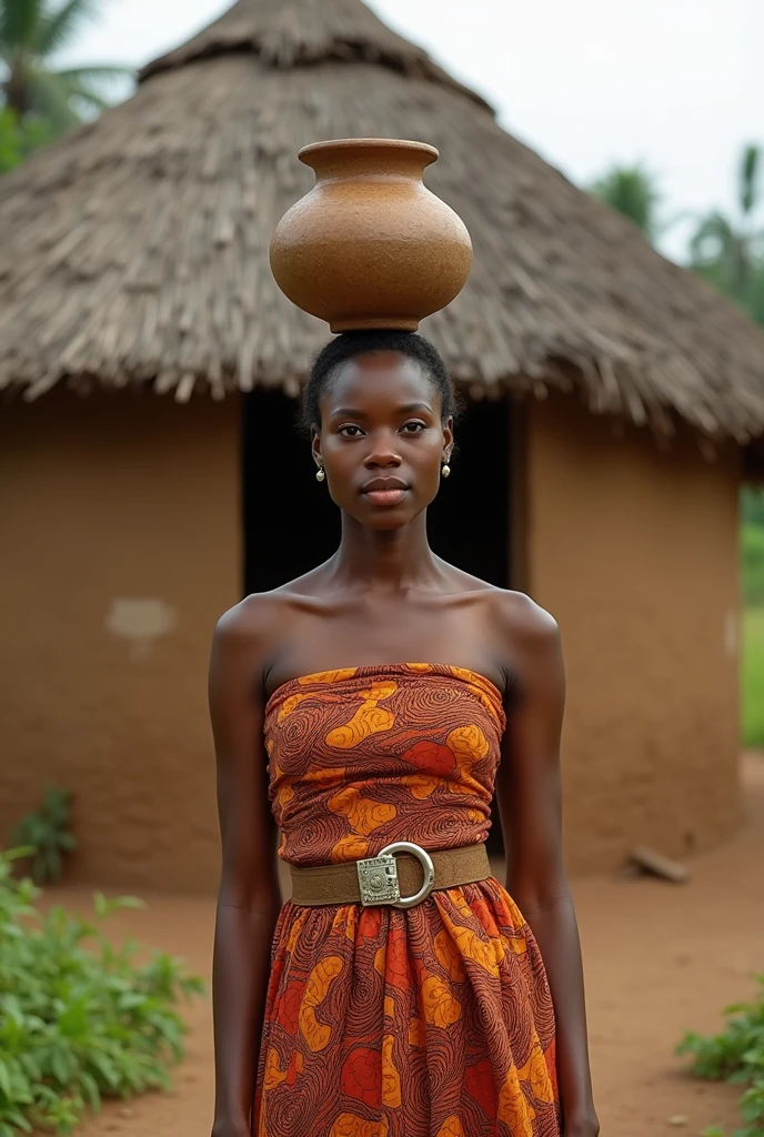 Generate a full portrait image of an African igbo lady of 25year old light in complexion and very beautiful standing infront of a village hut and with a pot of water on her head
