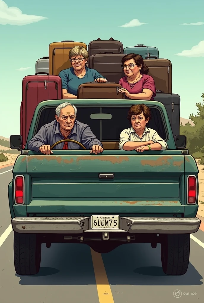 Um carro pick-up, with a man driving, an old lady in the passenger seat, two fat women behind and loaded with suitcases in the back