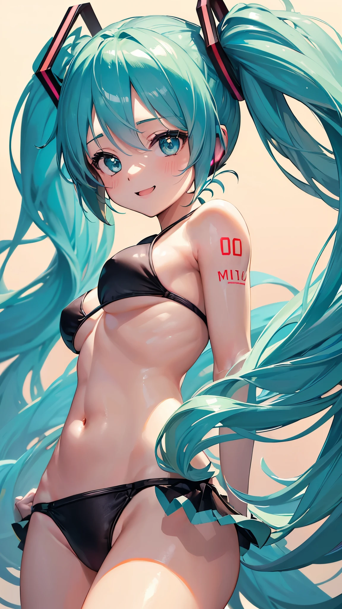 (((anime-style cute face))),(((Hatsune Miku))),Highest quality, (Sharp details), (8k, RAW Photos, Highest quality, masterpiece), (extremely detailed 8k wallpaper),Professional Lighting,Sharp focus, Depth of written boundary、Ticker,(((Face close-up)))、(looking at the camera), (Angle from the side:1.2), (Side bust), (Side view),(Cute small breasts:1.3)、 (Beautiful breasts:1.2)、20-year-old、((((very happy face))))、Very big eyes、anatomically correct body、Big thighs、Light from the front、The face is bright、Athletics Stadium、Healthful、Slightly muscular、((((Shiny black bikini))))、（lime green、Super frilly mini skirt:0.8）、（Fitted bikini）、wrinkles of the female genitalia、Cleavage、Belly button、Nipples seem to be visible、White gloves、Glowing Skin、Brown skin、Cheerful pose、（Lewd）