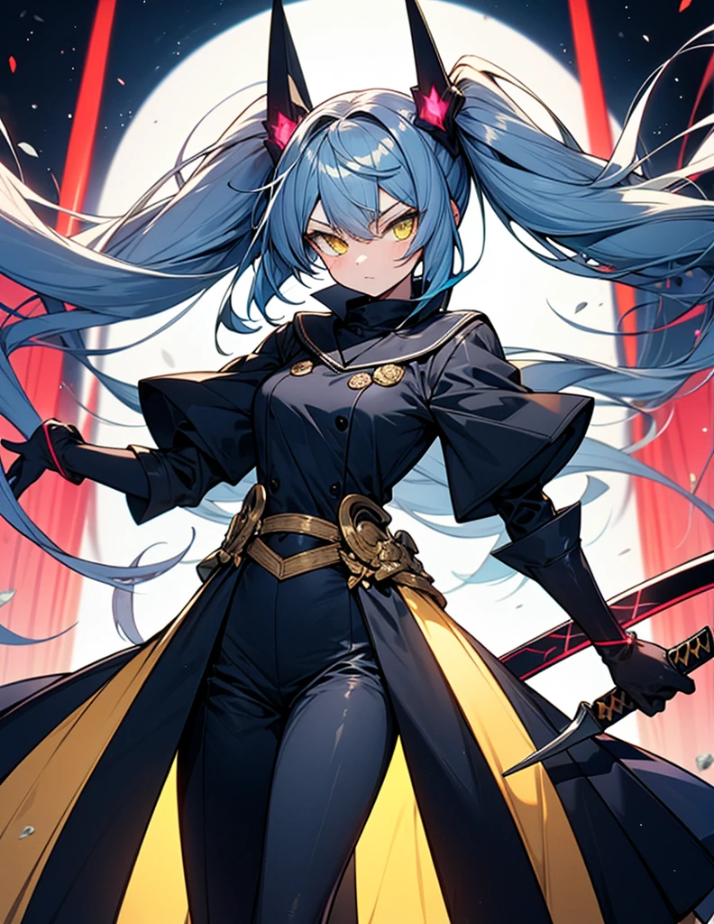 Highest quality Navy Blue Hair Yellow Eyes Twin tails Wavy hair Holding a slender sword Colorful clothes tall woman cool