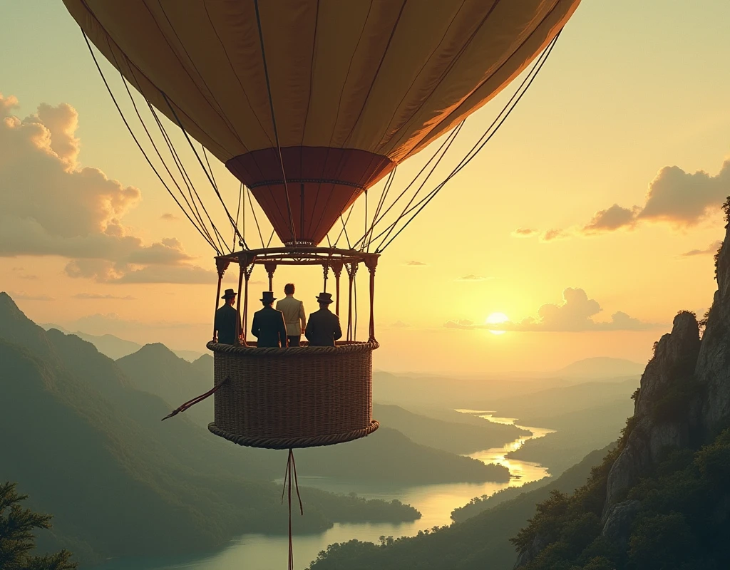 Generate an image referring to the book Five Weeks in a Balloon, with 3 people and it is an old cover