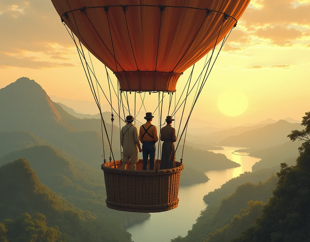 Generate an image referring to the book Five Weeks in a Balloon, with 3 people and it is an old cover