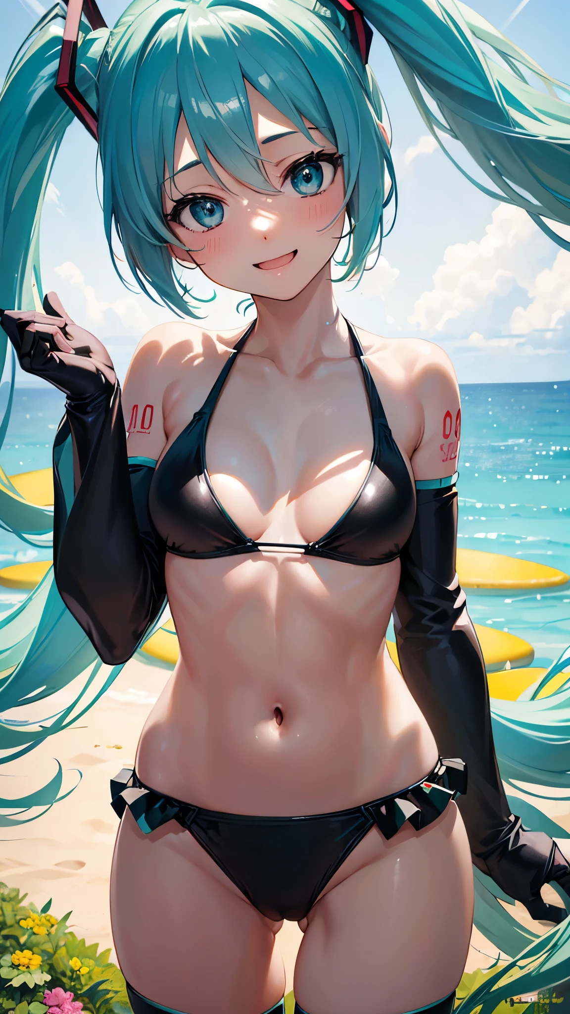 (((anime-style cute face))),(((Hatsune Miku))),Highest quality, (Sharp details), (8k, RAW Photos, Highest quality, masterpiece), (extremely detailed 8k wallpaper),Professional Lighting,Sharp focus, Depth of written boundary、Ticker,(((Face close-up)))、(looking at the camera), (Angle from the side:1.2), (Side bust), (Side view),(Cute small breasts:1.3)、 (Beautiful breasts:1.2)、20-year-old、((((very happy face))))、Very big eyes、anatomically correct body、Big thighs、Light from the front、The face is bright、Athletics Stadium、Healthful、Slightly muscular、((((Shiny black bikini))))、(lime green、Super frilly mini skirt:0.8)、(Fitted bikini)、wrinkles of the female genitalia、Cleavage、Belly button、Nipples seem to be visible、White gloves、Glowing Skin、Brown skin、Cheerful pose、(Lewd)