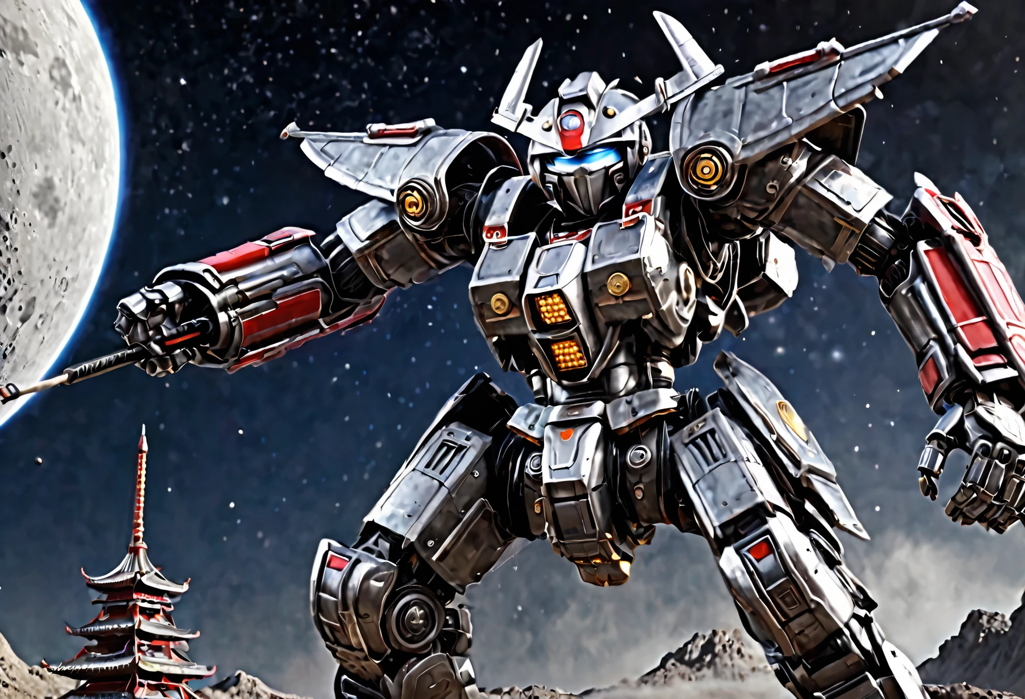 A giant robot (samurai theming, head has helmet styling and a large bubble dome cockpit), lunar surface, stars in back ground, action pose, shooting a rocket fist at viewer connected to mech via chain
