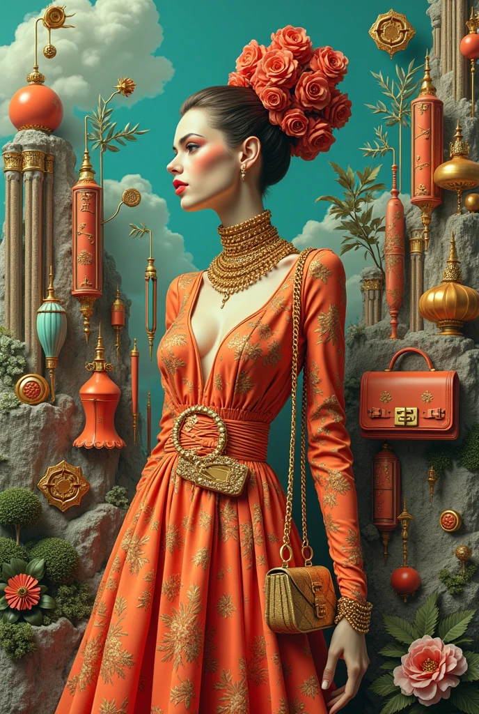 A 3D collage about materialism through the lens of high fashion clothing objects like handbags, gold chains, expensive shoes, eccentric runway fashion, in the strange, fantastic, and retrofuturistic style of illustrator Moebius