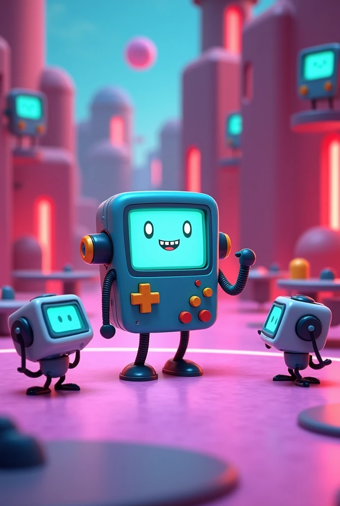 3D game screenshot, third-person camera view, stylized casual game. Main character is BMO robot from Adventure Time cartoon. Multiple similar robots running around the level. Level design resembles a test chamber. Colorful, playful atmosphere. Cartoon-style graphics, simple textures. Isometric view, ((((game UI elements visible))). Adventure Time inspired, puzzle-platformer aesthetics. Game development, 3D modeling, character design
