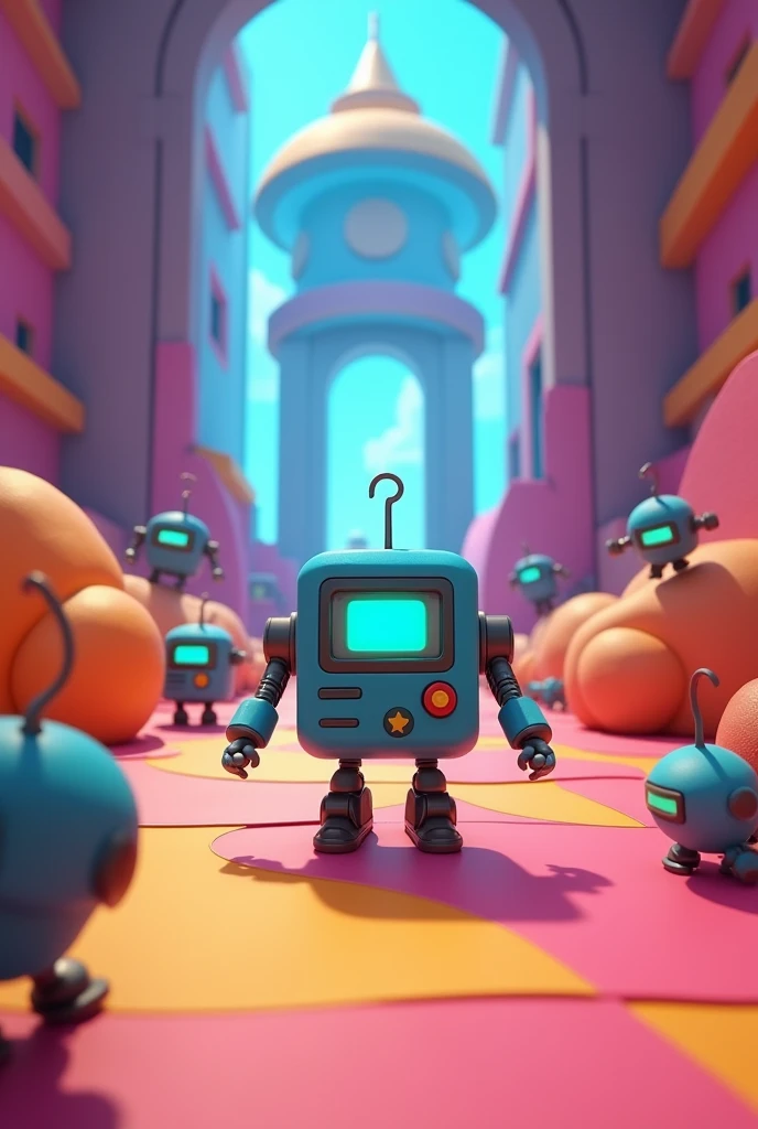 3D game screenshot, third-person camera view, stylized casual game. Main character is BMO robot from Adventure Time cartoon. Multiple similar robots running around the level. Level design resembles a test chamber. Colorful, playful atmosphere. Cartoon-style graphics, simple textures. Isometric view, ((((game UI elements visible))). Adventure Time inspired, puzzle-platformer aesthetics. Game development, 3D modeling, character design