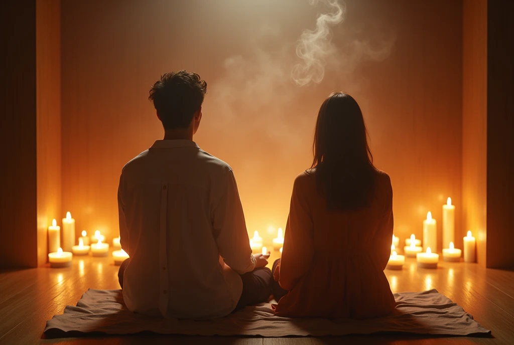 a couple sitting in a serene sanctuary, where the soft light of candles dances on the walls, creating an atmosphere of peace and contemplation. The mild aroma of incense fills the air, elevating our senses and preparing us for an inner journey.