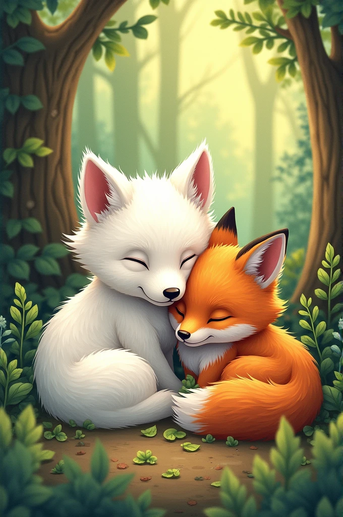 Dessin en couleur d'un bébé loup blanc et bébé renard roux blotis l'un contre l'autre dans une forêt 
