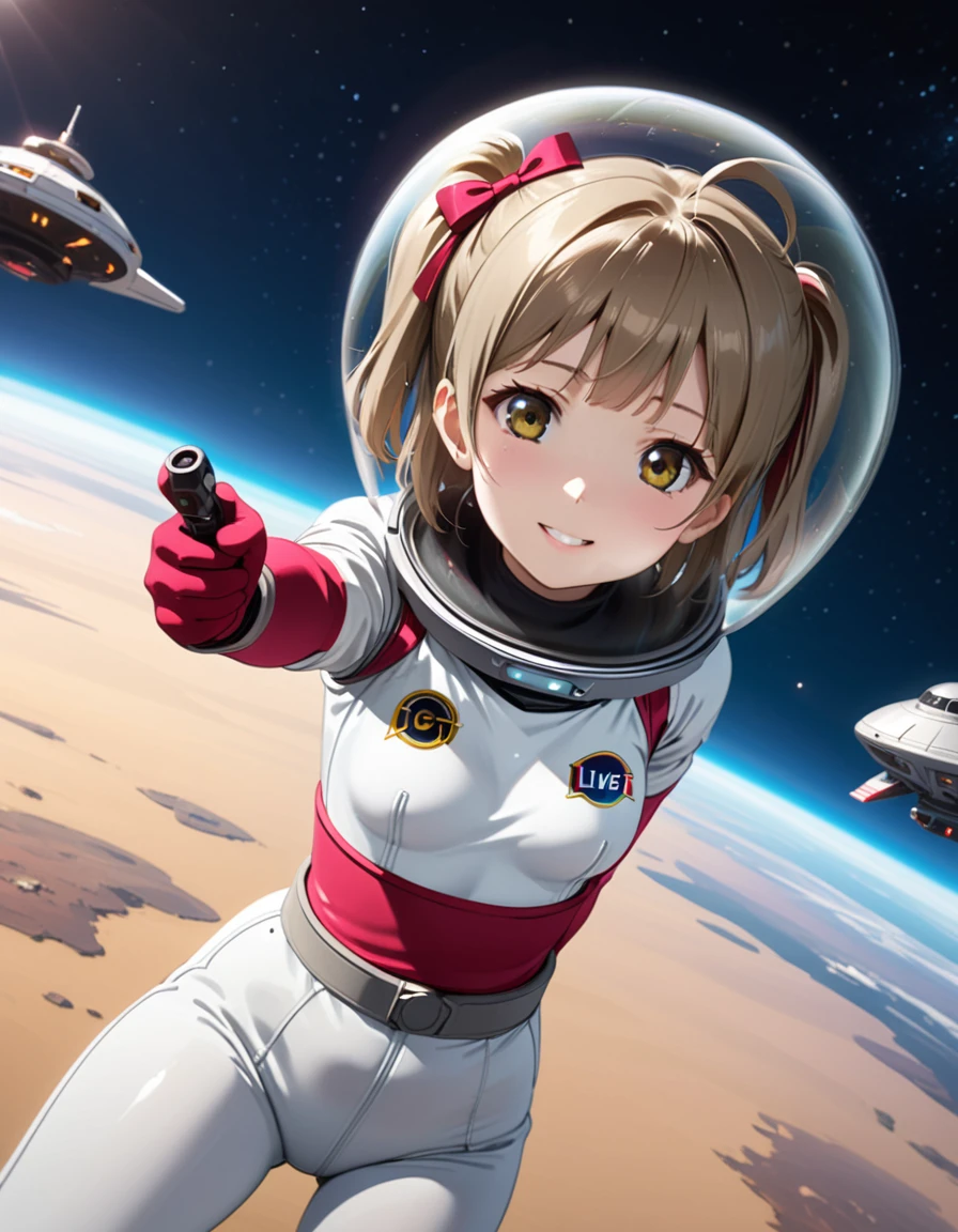 (Spacesuit:1.15), White Cargo Pants, Space Helmet , , Spacewalk, masterpiece, Highest quality, One person, alone, short hair, , , , Bodysuits,Gloss,, short hair, (Futuristic spaceship:1.6), , smile,Covered navel, short hair,Small breasts,From above, space helmet, bubble helmet,Minami Kotori , Love Live! School Idol Project,