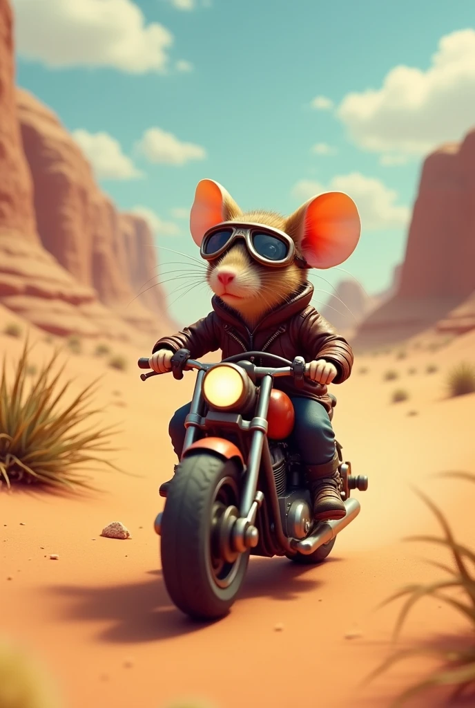 A mouse sitting on motorcycle in dessert