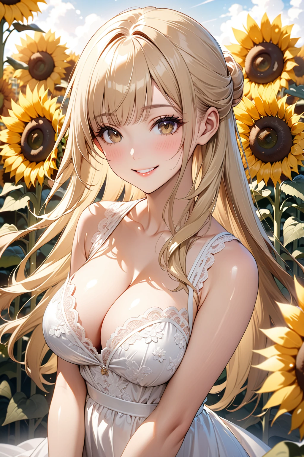 masterpiece,highest quality,32K,ultra detailed,young woman,light brown eyes,light makeup,full breasts,cleavage,fair skin,shiny skin,happy smile,silky hair,small bangs,long hair,straight hair,half updo,blond,white lace dress,looking at viewer,cowboy shot,sunflower garden