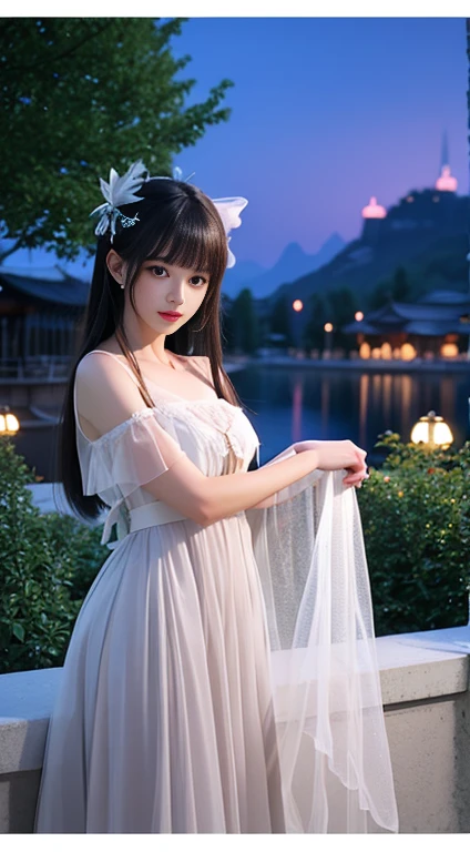 ((1 person)),((Photorealistic))), ((AKB 48))), (Full body photo)), looking up from below, twilight, facing away, ((((lens flare)))),((Backlight)))))), ((in the forest)), ((clear stream deep in the dark mountains)),((Rock in the background)),((smiling),((NIKON Z))), (19 years old),( Small bust)))), (((White dress)))), ((((Pore feeling)))), (skin feeling))))), (Photorealism: 6, Realistic))))), (sideways and turning around pose))),Perfect chest shape, bare buttocks, side ponytail, ribbons, hair ornaments, pale skin, looking at the viewer, small waist