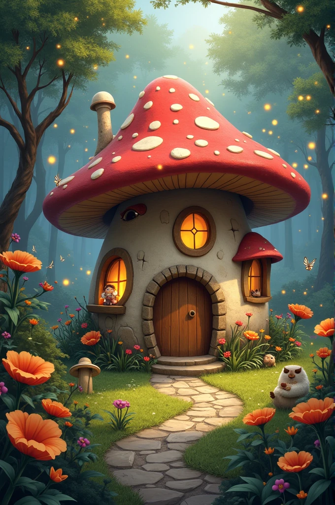 "Create a charming mushroom hut nestled in a magical forest glade. The hut, with a rounded cap roof and earthy, textured walls, is adorned with glowing windows and a cozy chimney. Surround it with vibrant, oversized flowers and delicate, twinkling fireflies. A small stone path leads up to the welcoming door, while whimsical creatures like tiny woodland animals and curious fairies play nearby, adding a touch of enchantment to the scene."
