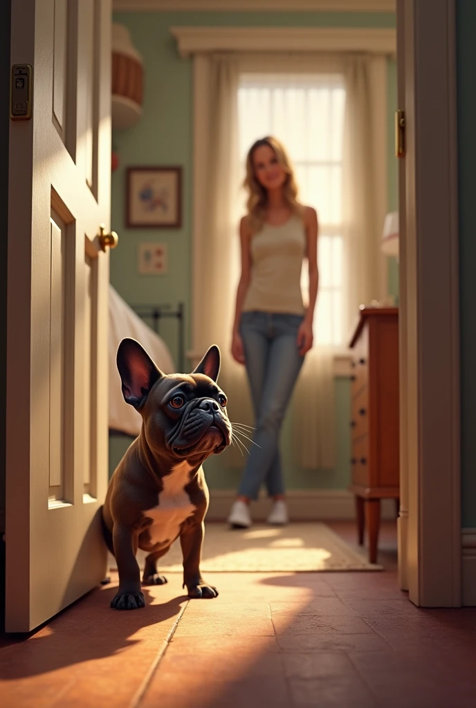 Raising a French bulldog puppy barking a lot at a closed door in an apartment. There is a woman standing at that door.