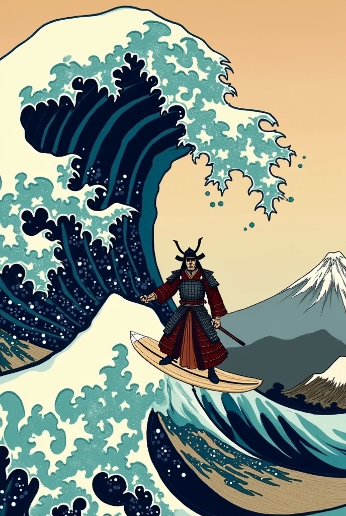 a samurai surfing the great wave of kanagawa