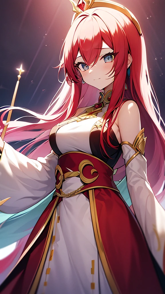 a woman with long red hair and a crown holding a green staff, Impacto de Ayaka Genshin, Maya Ali as a lightning mage, impacto genshin do jogo ayaka, elfic priestess, Rias Gremory, Maya there like a wind wizard, keqing do impacto genshin, shadowverse style, carrying a magic staff, Cute celestial wizard