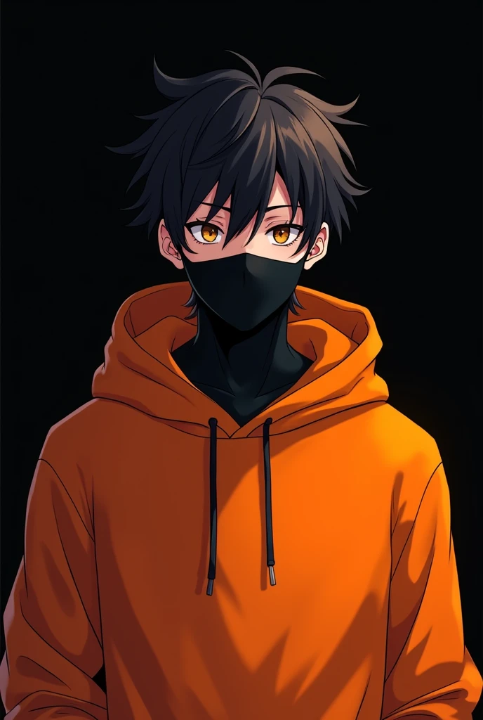 One anime boy 22 years with hoodie of orange colour and black mask full body . With black backgroud