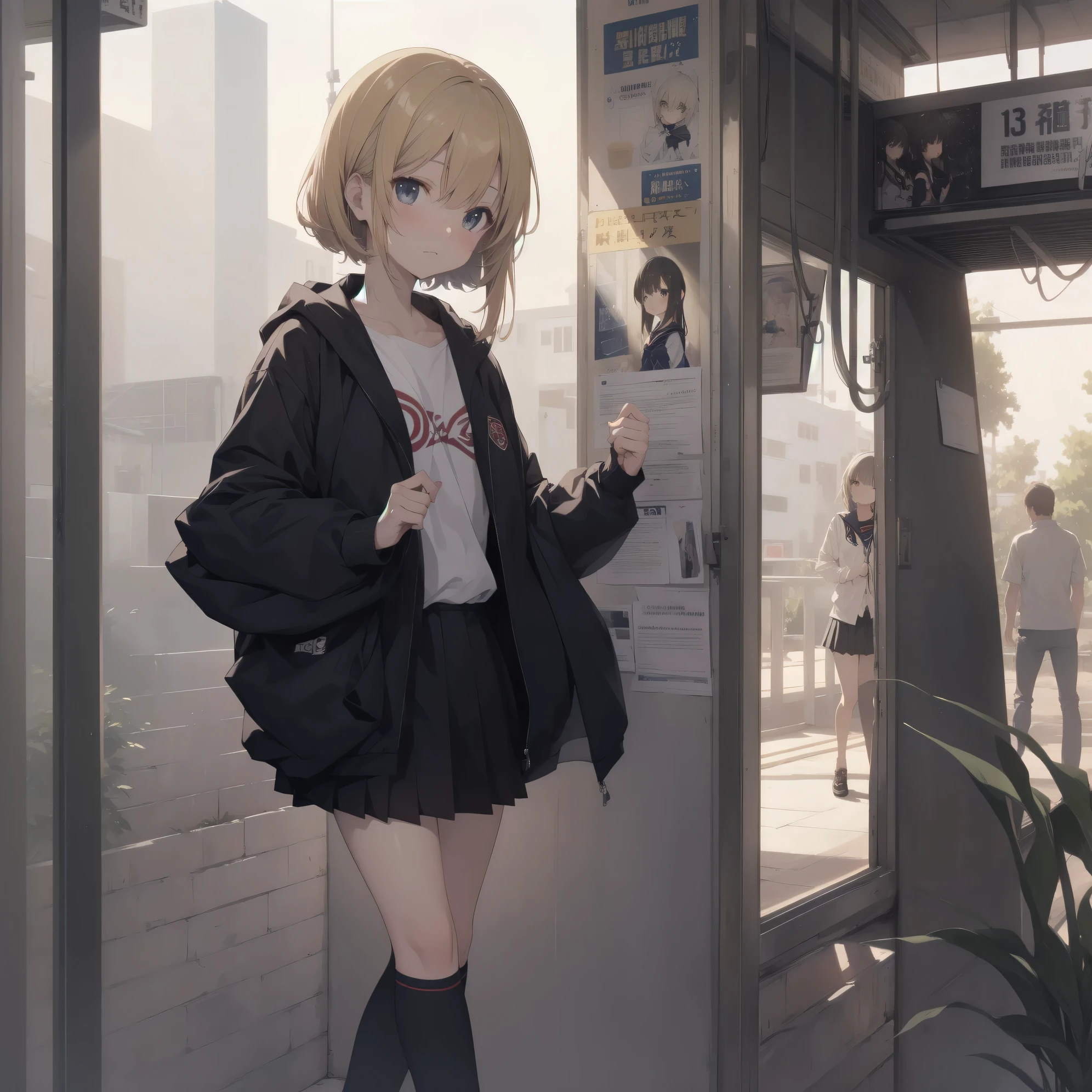 ultra-absurdres-Top quality by artist God, ultra-detailed, high resolution, anime moe artstyle, best anime 8k konachan wallpaper, pixiv contest winner,pool:2810, perfect anatomy,break, 1girl, (Please draw a girl walking sleepily to school alone. )break,(Solo,little female, 13-year-old:1.3),Full limbs, complete fingers,a junior high school student, (very short hair), short cut, flat chest, , small butt, small black eyes, beautiful detailed eyes, well-proportioned iris and pupils, expressive eyes, highres detailed hair, soft expression, school_uniform, official_alternate_costume, pleated skirt,(Detailed Lighting), (Detailed background), in the School commute route. break,super detailed skin, Best cinematic lighting powered by famous artist, 8k,beauty illustration,photoshop_(medium),very aesthetic,break,((artist:ido_(teketeke))), artist:bolze ,artist:oyari ashito ,artist:kantoku ,