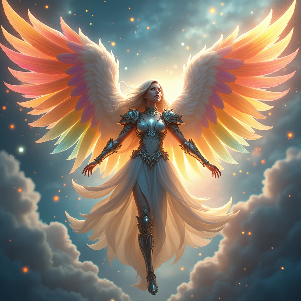 celestial angel, (((Has six wings on each side:1.8)))、Colorful and multicolored feathers、rainbow gradient feathers、Bright and clear eyes, strange, Elegant、powerful, Very bright color, Particles of light, In bright light, Musif, Long Hair, Shining Armor, Wallpaper Art, UHD wallpaper
