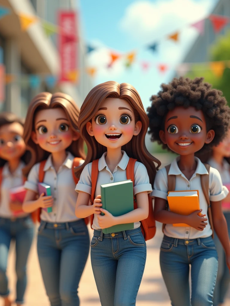 An ultra-realistic 3D image depicting a group of diverse students, -14, in vibrant outdoor setting. The students are captured in a candid moment of happiness and connection, with each character displaying detailed, lifelike features, including natural skin tones, varied hairstyles, and realistic clothing textures. The scene is set in a sunlit environment, with subtle but visible decorations such as banners and posters celebrating State Student Week. The overall composition is designed to emphasize the energy and positivity of the students, rendered in stunning 8K resolution, making it ideal for a high-impact promotional campaign. The students are dressed in white blouses and blue jeans. They are holding books and notebooks.