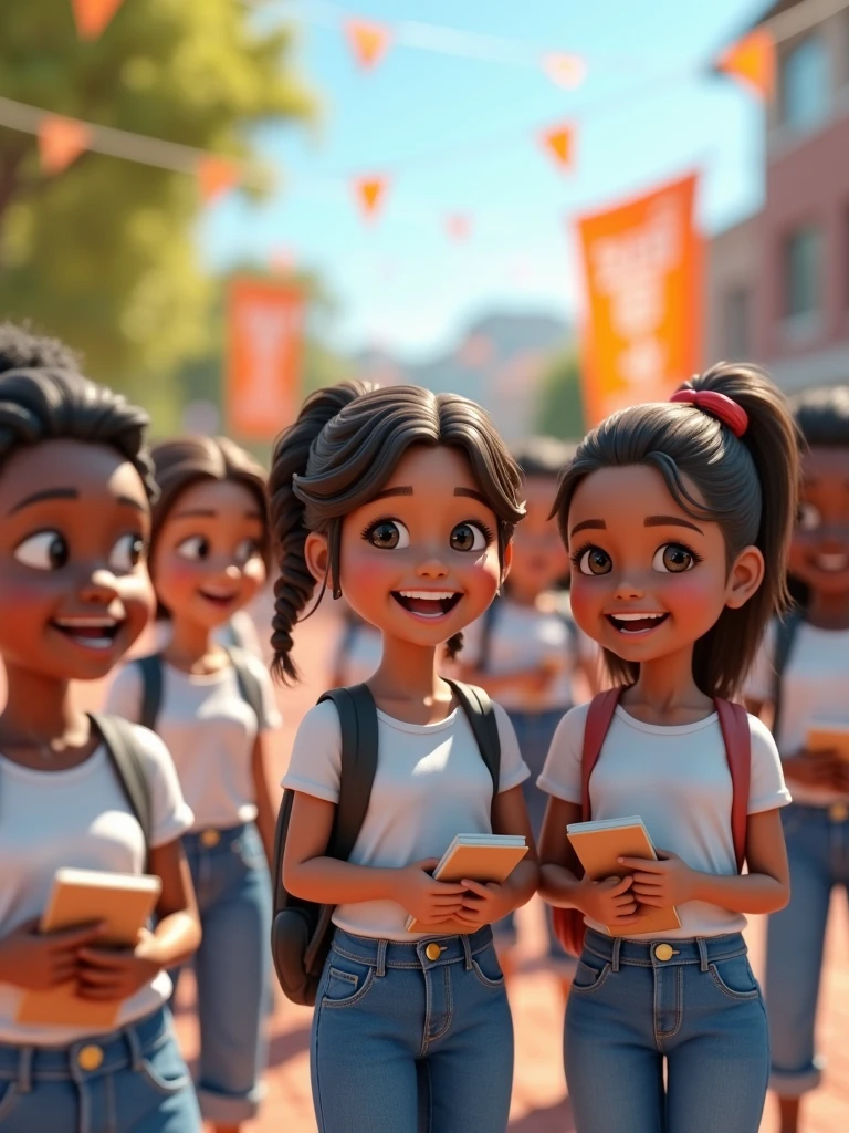 An ultra-realistic 3D image depicting a group of diverse students, aged 10-14, in a vibrant outdoor setting. The students are captured in a candid moment of happiness and connection, with each character displaying detailed, lifelike features, including natural skin tones, varied hairstyles, and realistic clothing textures. The scene is set in a sunlit environment, with subtle but visible decorations such as banners and posters celebrating State Student Week. The overall composition is designed to emphasize the energy and positivity of the students, rendered in stunning 8K resolution, making it ideal for a high-impact promotional campaign. The students are dressed in white blouses and blue jeans. They are holding books and notebooks.