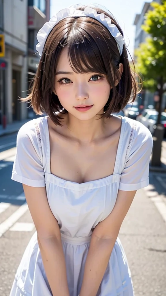 (masterpiece, Best Quality:1.2), 8K, 1 girl, 1 Japanese girl, 85 mm, Official art, Raw photo, Pretty Face, close up, face focus, cute Girl, Cinch waist, beauty thighs, soaking wet, sweat, medium breasts, frilled pink apron on naked, frilled maid hairband, large round glasses, standing, leaning forwards, on a street, Looking at Viewer, No makeup, (aroused, embarrassed, blush :1.2), Film grain, chromatic abberation, Sharp Focus, face lights, clear lighting, , Detailed face, Bokeh background