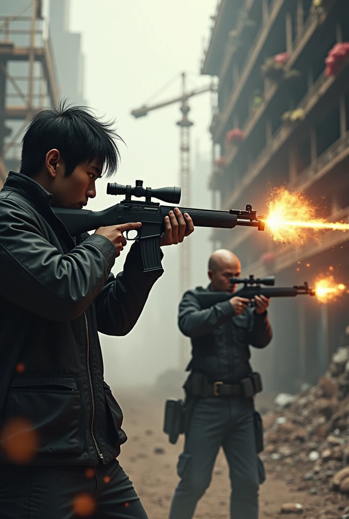 Knife of an armed Japanese man exchanging fire with a teenager at a construction site, They are in a Sniper conflict, The Bald Teenager