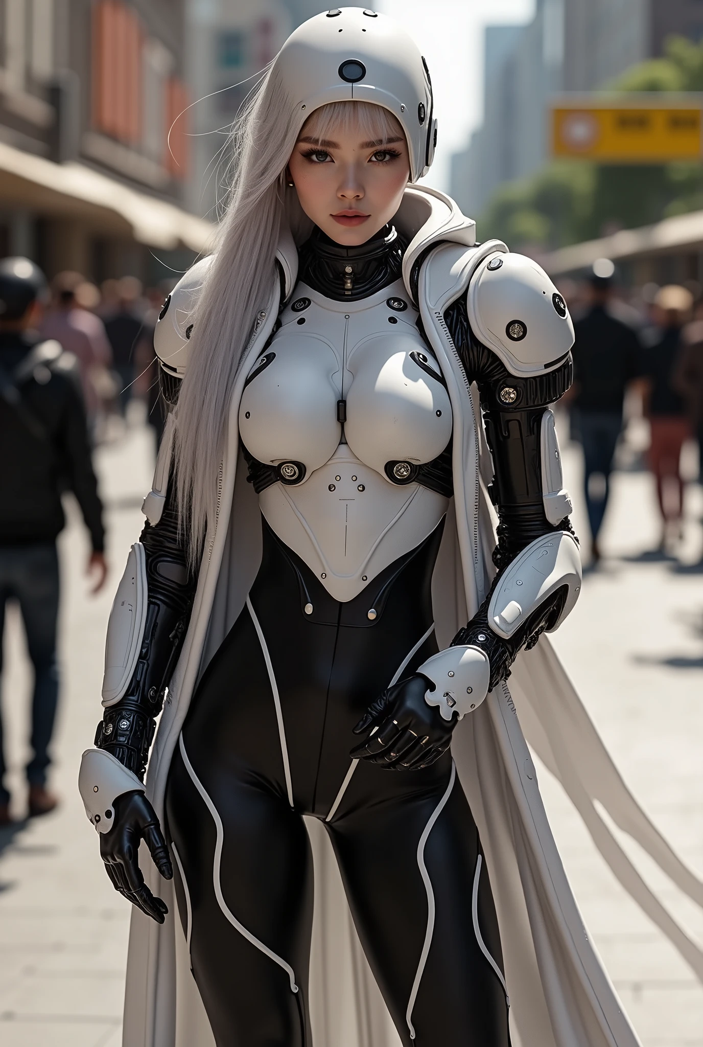 a close up of a woman in a futuristic suit posing, gynoid cyborg body, biomechanical oppai, oppai cyberpunk, girl in mecha cyber armor, beutiful white girl cyborg, in white futuristic armor, cybersuit, gynoid body, perfect anime cyborg woman, perfect android girl, beutiful girl cyborg, fully robotic!! catgirl