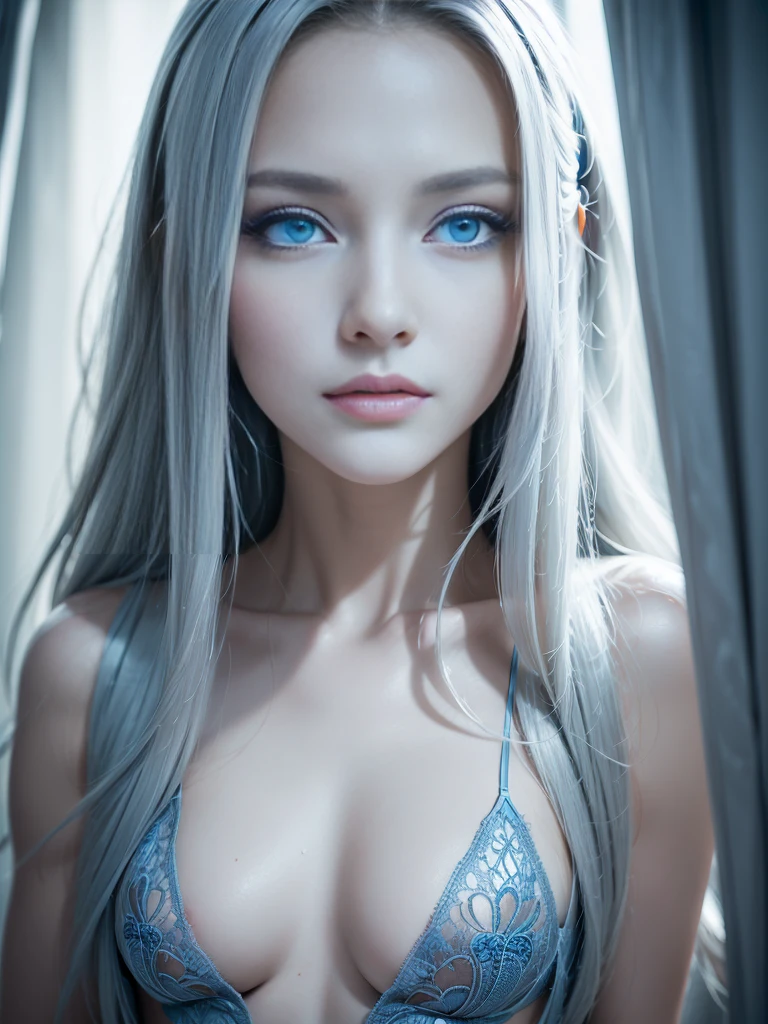 8k, (full body shot:1.2), 20-year-old swedish girl, raw, Beautiful woman, (straight gray hair), (intricate, sheer, transparent, translucent,(no clothes:1.2)), intricate, beautifull face, elegant, highly detailed, digital hyperrealistic photography, hyperrealistic photography filigree, shyness, most beautyfull face, (masterpiece, sidelighting, (finely detailed beautifull blue eyes: 1.2)),